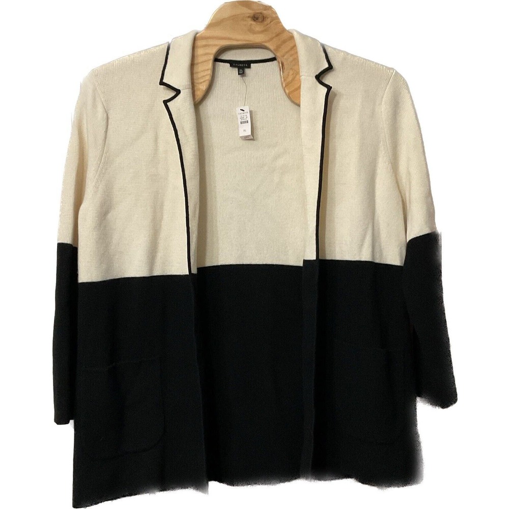 Talbots Wool Viscose Blend‎ Black White Colorblock Cardigan Sweater Size XL